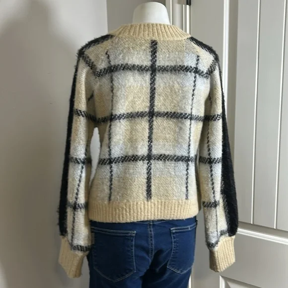 Anthropologie Moth Sweater Tan Black Window Pane Plaid Crewneck Sz S - Picture 8 of 13